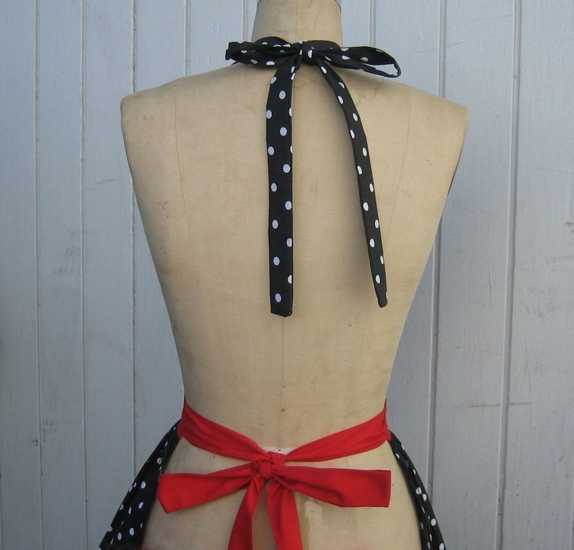 retro apron LUCY ...... RETRO red with black polka dot apron  fifties details sexy hostess gift  vintage inspired flirty womens full apron