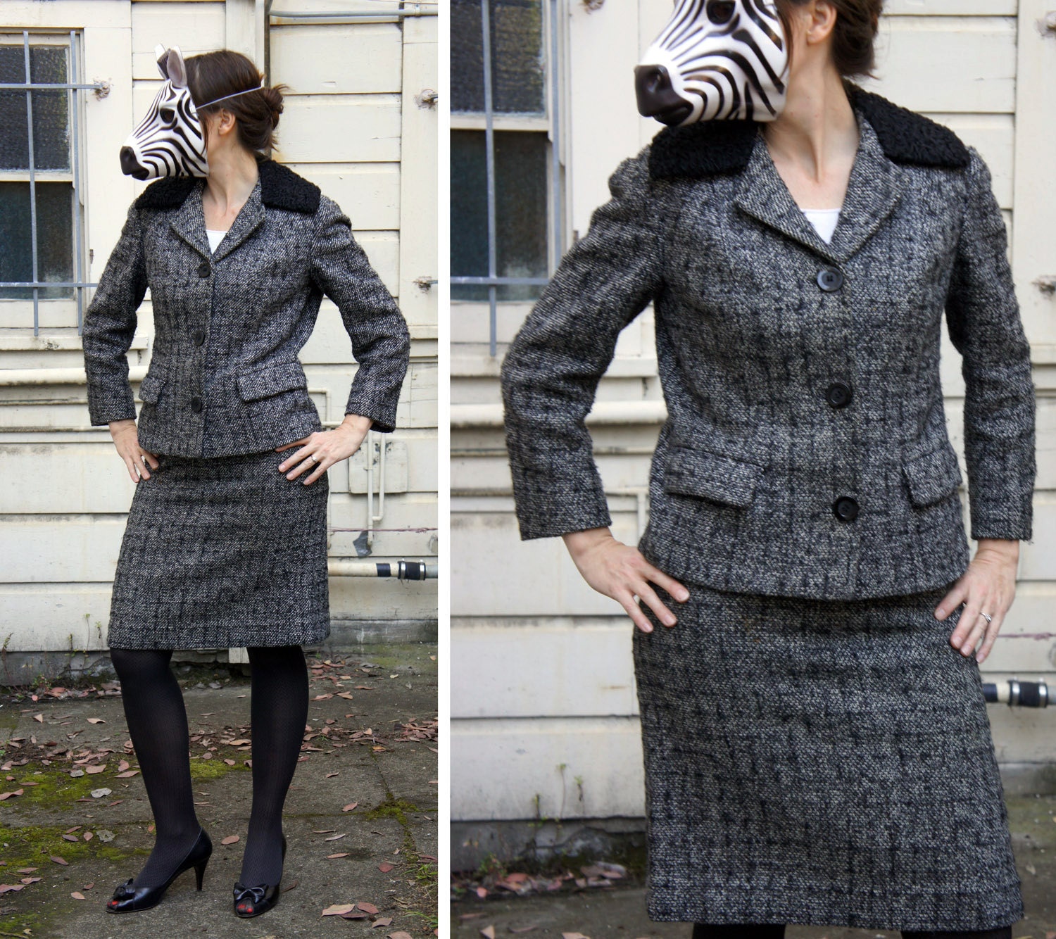 60s Black Tweed Suit with Lambs Wool Fur Collared Jacket and matching Straight Skirt, sz M