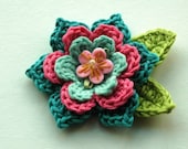 Crochet Flower in Raspberry Pink and Teal Blue NEW