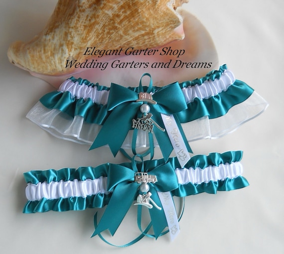 Firefighter Wedding Garters I Love My Fireman Charm Jade Green and White Garter Set