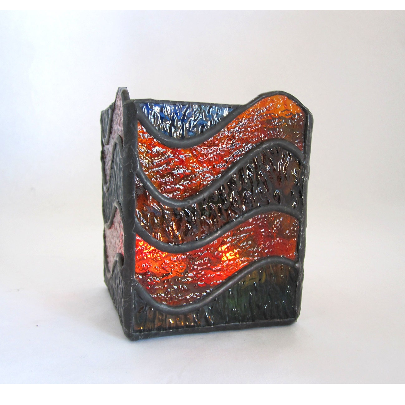 Stained Glass Tea Light Candle Holder, Amber Rainbow