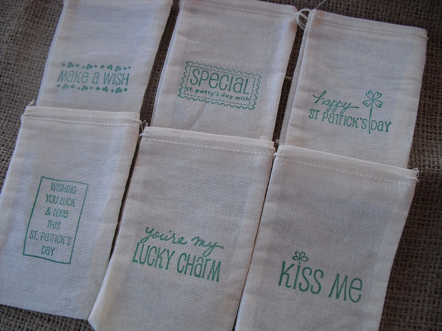 Favor Bags - SET OF 12 St Patricks Day Muslin Favor Bags Gift Bags or Candy Bags - Item 1269