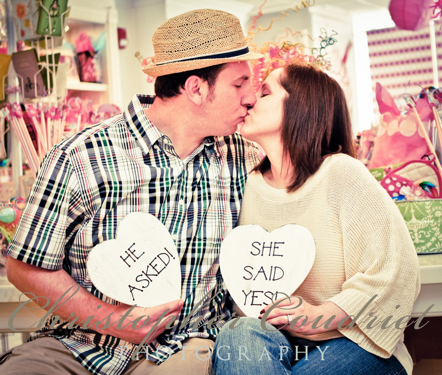 Photo Prop Signs  Heart Engagement He Asked She Said Yes SET OF 2 - Item 1223