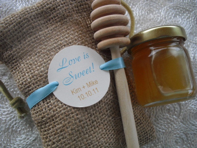 SET OF 10 Love is Sweet Personalized Burlap Wedding Favor Bags with Honey Dipper - Item 1137