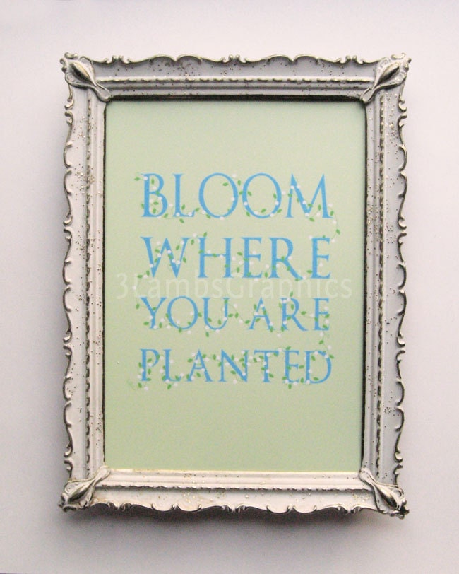 Bloom Where You Are Planted Roses Light Green Sky Blue 5 x 7 Quote Print