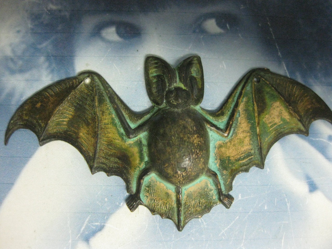 Verdigris Patina Grungy Large Bat Pendant 788VER x1