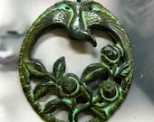 Verdigris Patina Brass Swallow with Roses Pendant 2039VER x1