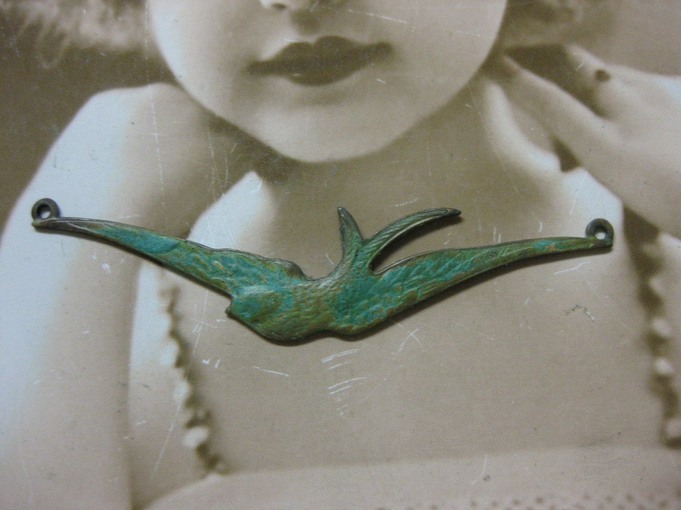 Hand Aged Verdigris Patina Soaring Bird Connectors Wide Wingspan 317VER x2