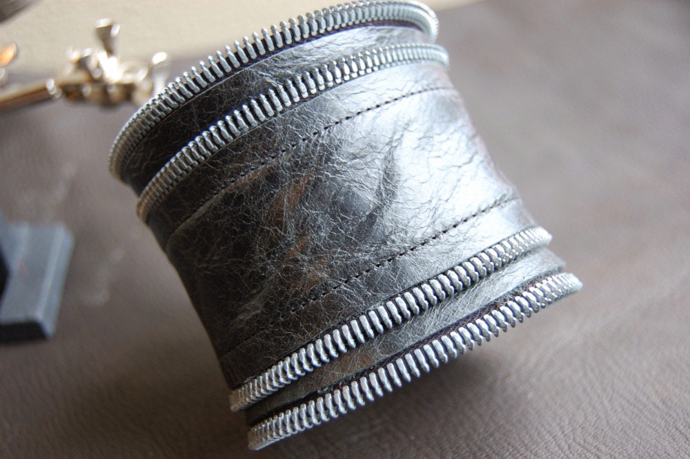 Black Leather Cuff with Silver Zipper Details