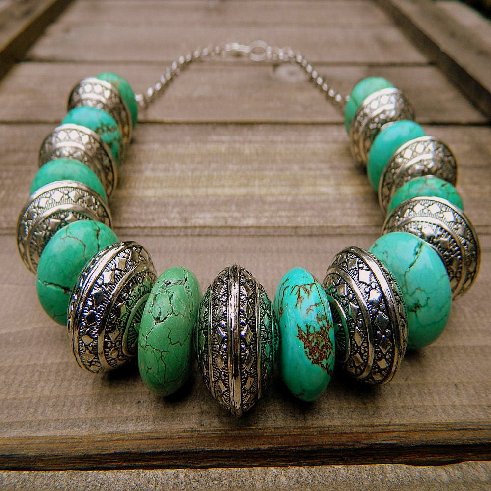 Navajo Warrior, Western Cowgirl Southwestern Turquoise & Tibetan Silver Stone Necklace