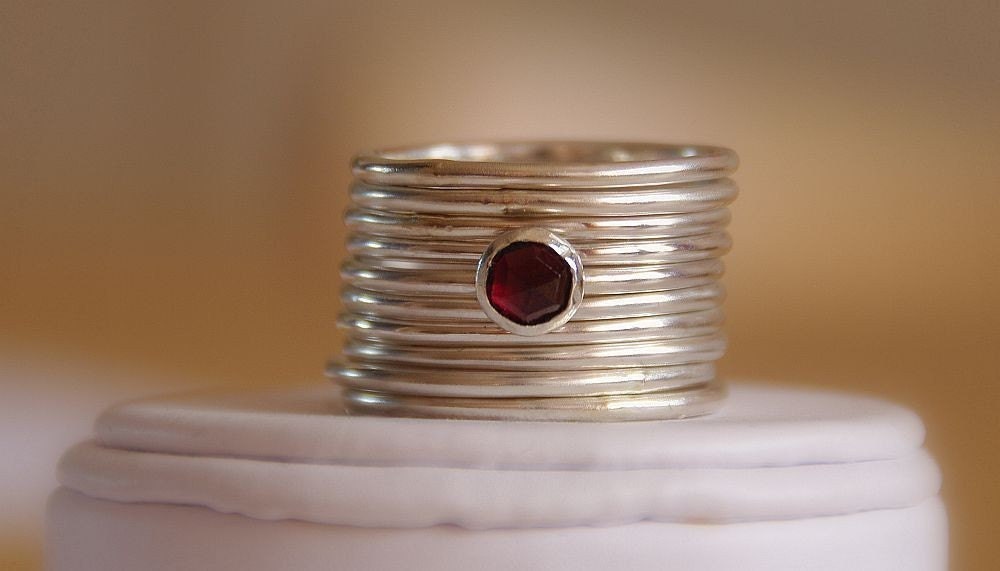 BOLD Set of 10 sterling silver stack/stackable rings with natural rich red faceted garnet cabochon