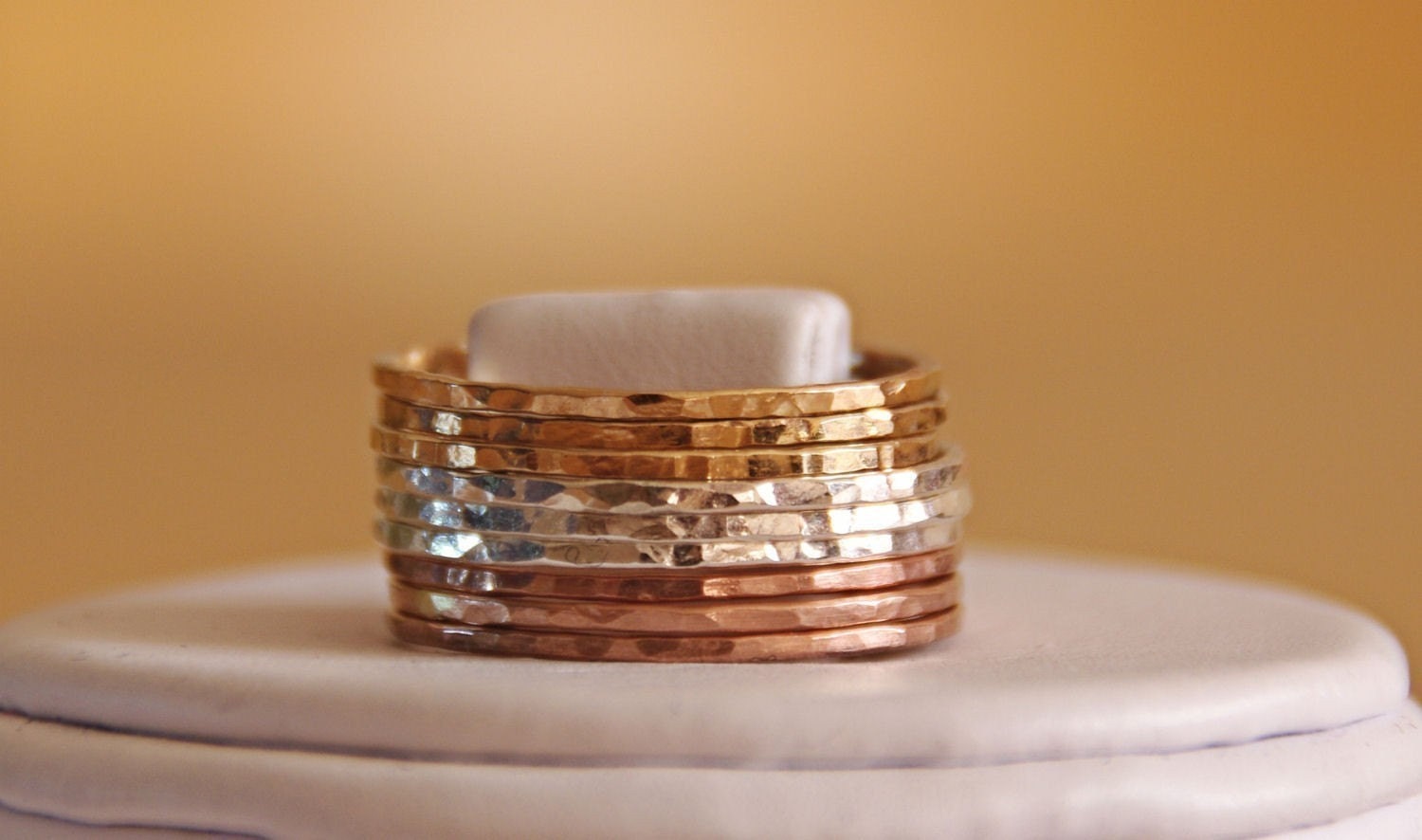 Tri Color Set of 9 x 14k rose, yellow gold filled, sterling silver hammered stackable rings /  Stacking rings bands 14K rose gold