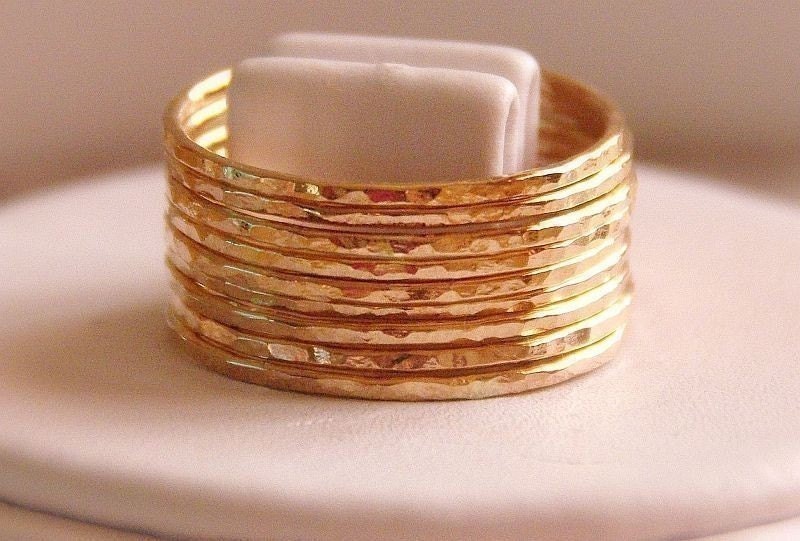 10 skinny  bands  hammered stackable rings 14k gold filled size MADE TO ORDER,  gift stackable gold rings