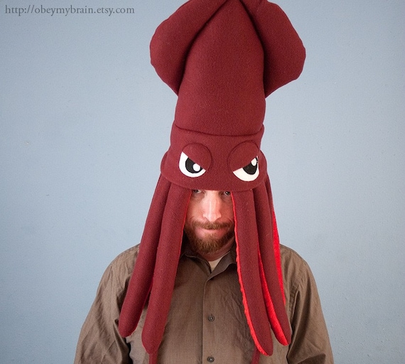 Large Plush Squid Hat - Burgundy