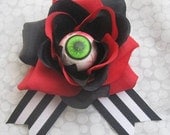 Eyeball Red Black Rose Striped Ribbon Prize Clip, Hair Flower, Torture Couture, Gothic, HOrror, B Movie, Gore, Psychobilly, Harajuku