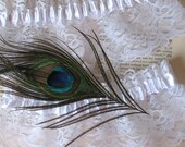 PEACOCK Feather Bridal Garter Set - LA BOHEME in White Satin and Lace
