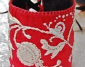 Lilygrace Seed Pods and Snail Scarlet Silk Hand Embroidered Art Cuff