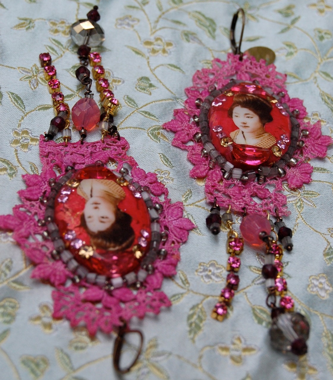 Lilygrace Geisha Earrings, with Pink Vintage Silk Lace, Garnets and Vintage Rhinestones