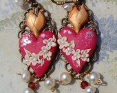 New Lilygrace Deep Pink  Sacred Heart Earrings with Freshwater Pearls and Garnets