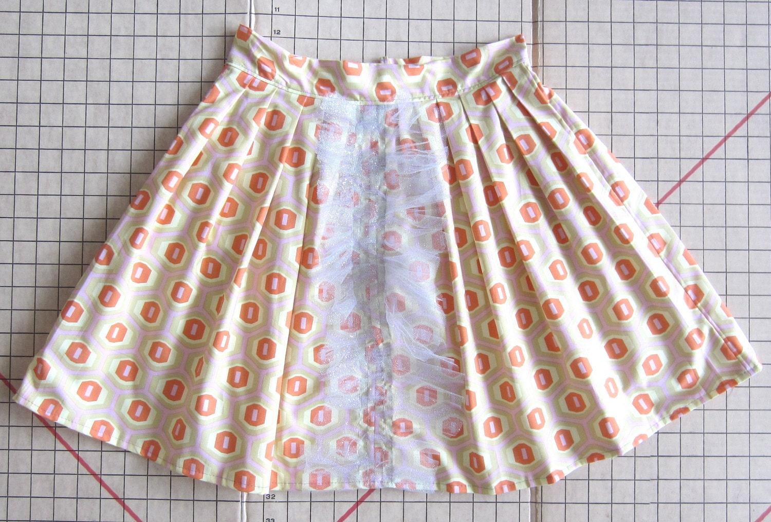 Amy Butler  Honeycomb A-Line Skirt with Tulle Small Pink Orange Yellow Geometic Print