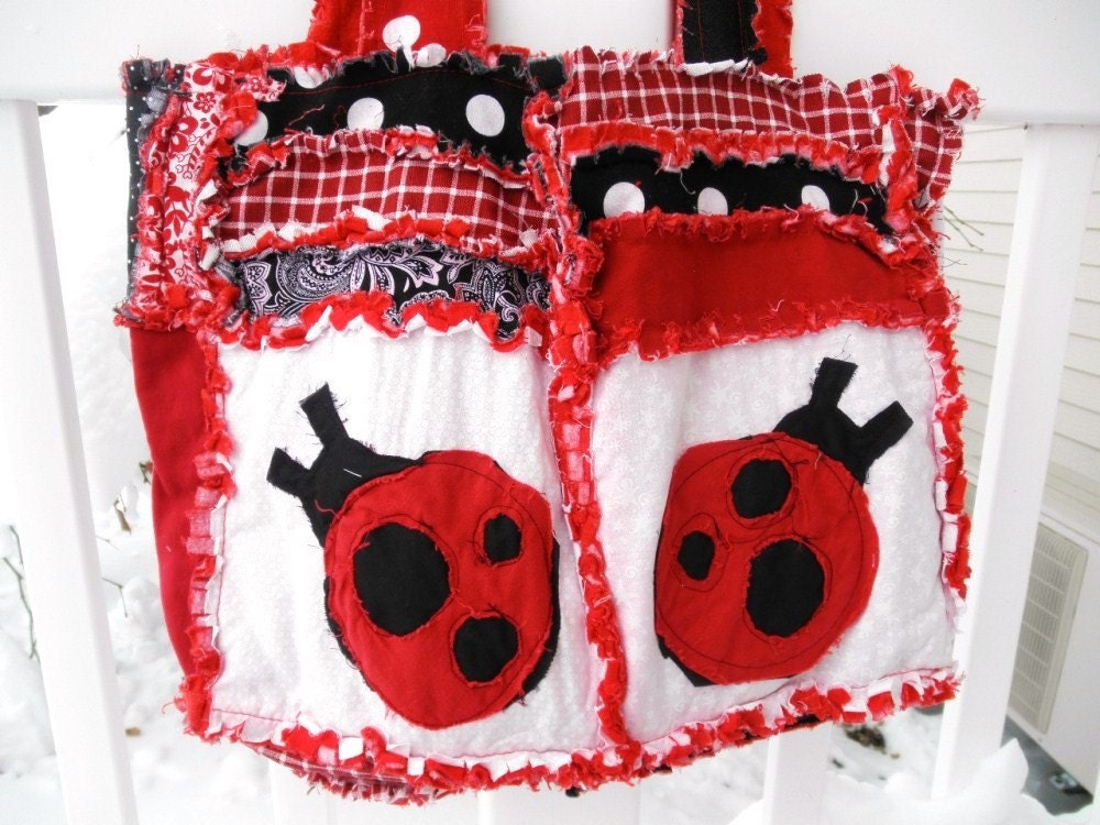 RAG PURSE, Diaper Bag, Quilted Tote, ladybug, red, black, Made to Order