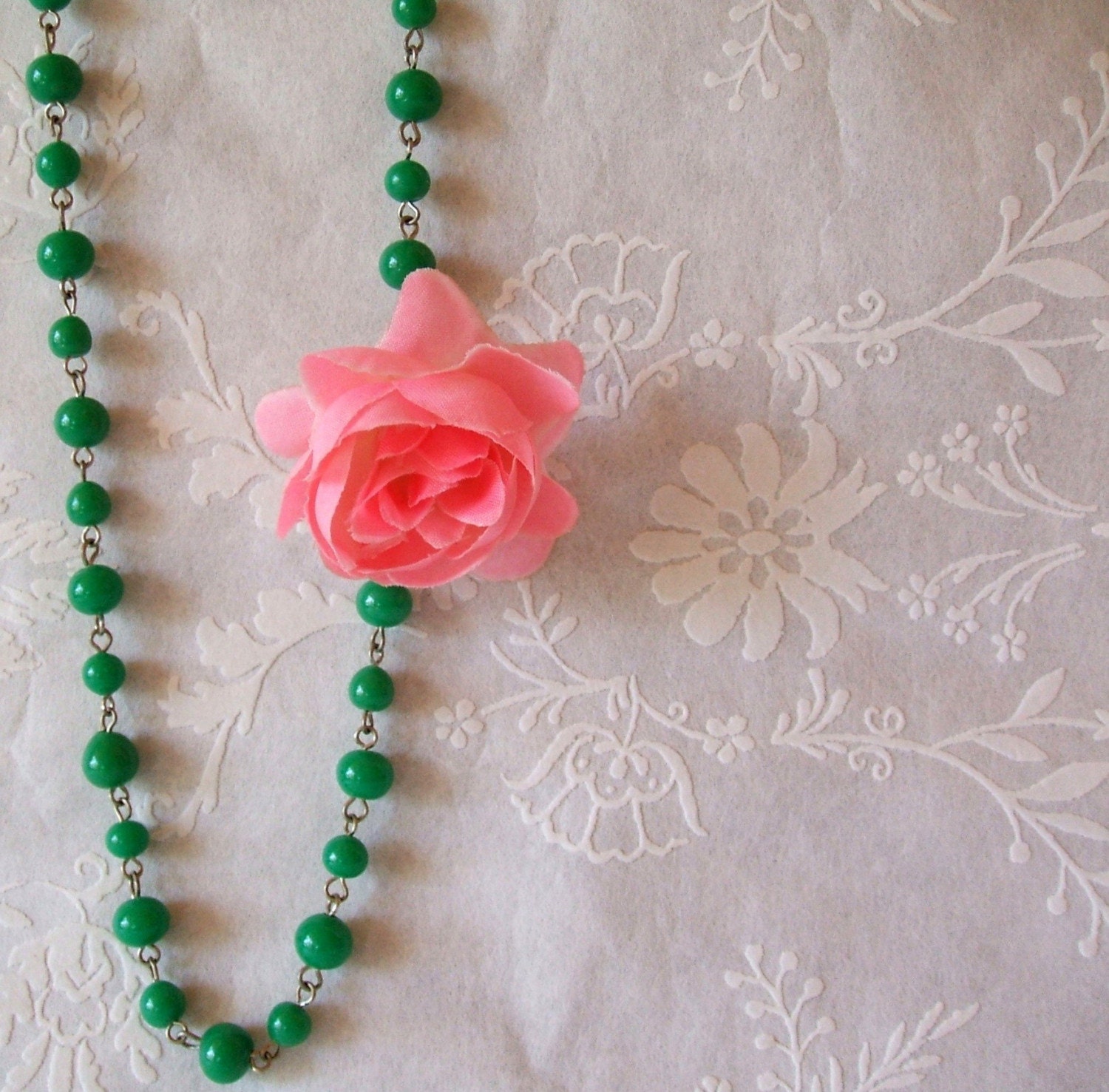 Small Pink Rose on Green Rosary Chain Necklace