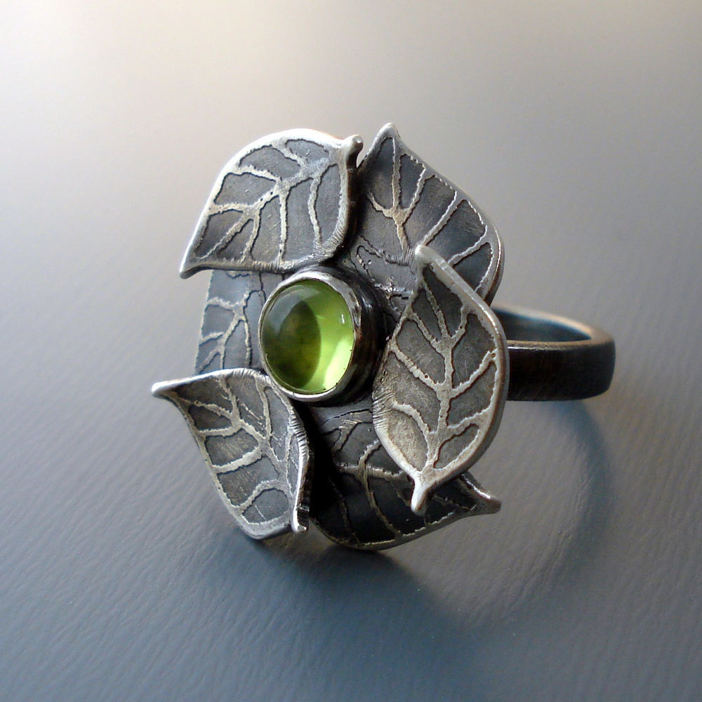 Peridot Ring - Etched Silver Gemstone Jewelry