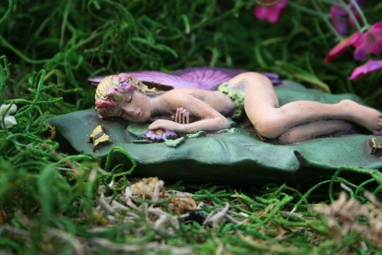 Sleeping Fairy on a Leaf Concrete Miniatures for Fairy Gardens