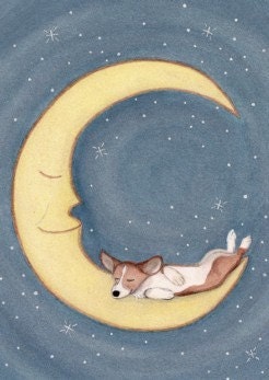 Pembroke Welsh Corgi sleeping on the moon / Lynch signed  folk art print