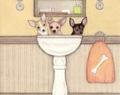 Chihuahuas fill a sink at bath time / Lynch signed folk art print