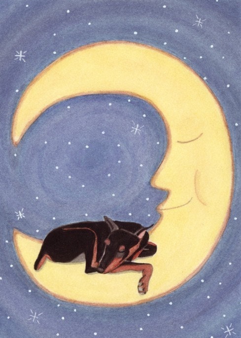 Doberman pinscher sleeping on moon / Lynch Signed Folk Art Print