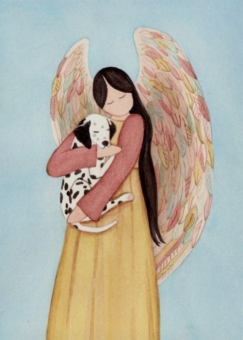 Dalmatian cradled by angel / Lynch signed folk art print Dalmation