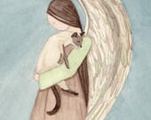 Siamese cat cradled by angel / Lynch signed folk art print