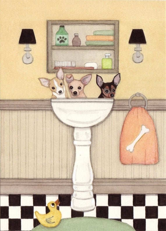 Chihuahuas fill a sink at bath time / Lynch signed folk art print