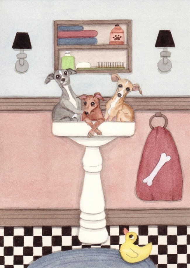 Italian greyhounds fill sink at bath time / Lynch signed folk art print