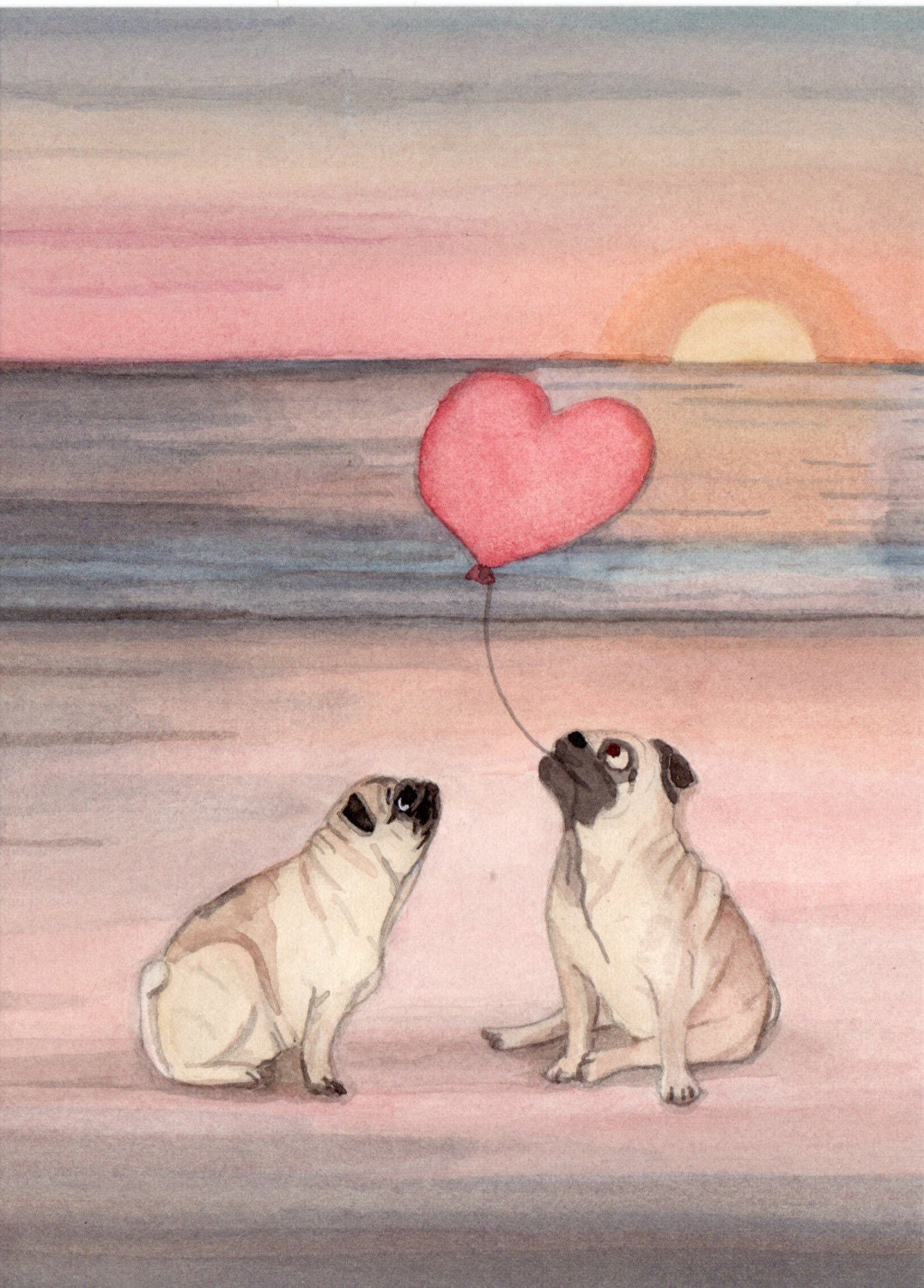 Pair of pugs share romantic beach / Lynch signed folk art print
