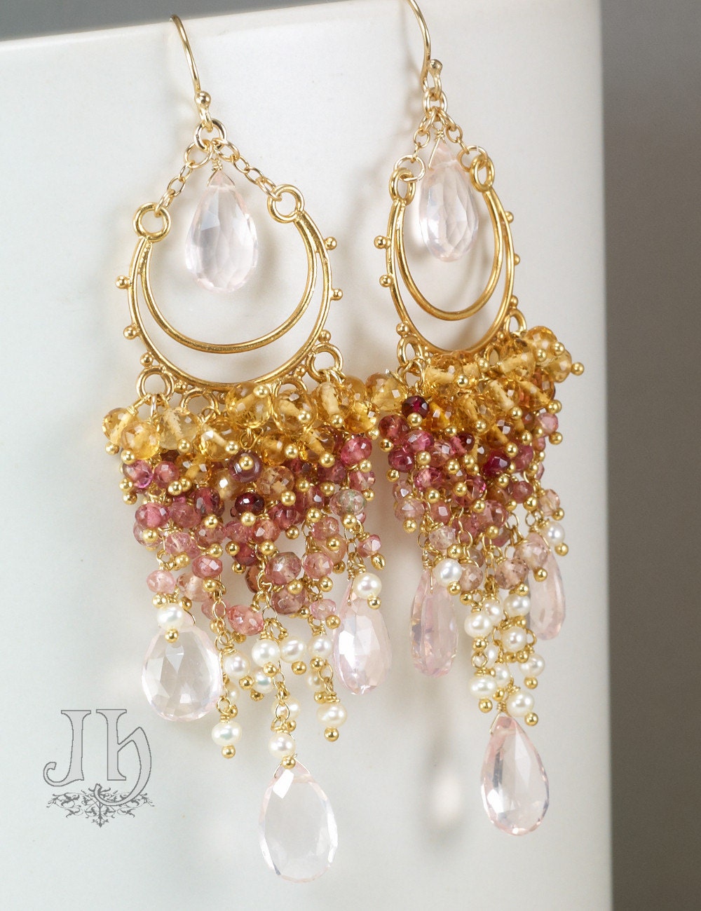Yvette earrings ... Rose Quartz, Pink / Yellow Tourmaline, Citrine, Pearls, Gold Vermeil