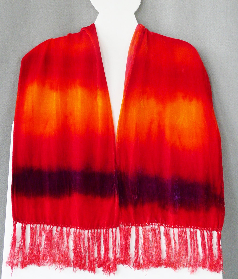 Velvet Scarf, Hand Dyed Purple, Red, Orange, Sunset