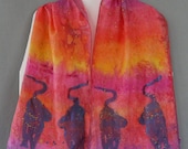 Sunset Cats handpainted silk scarf, purple, fuchsia, orange