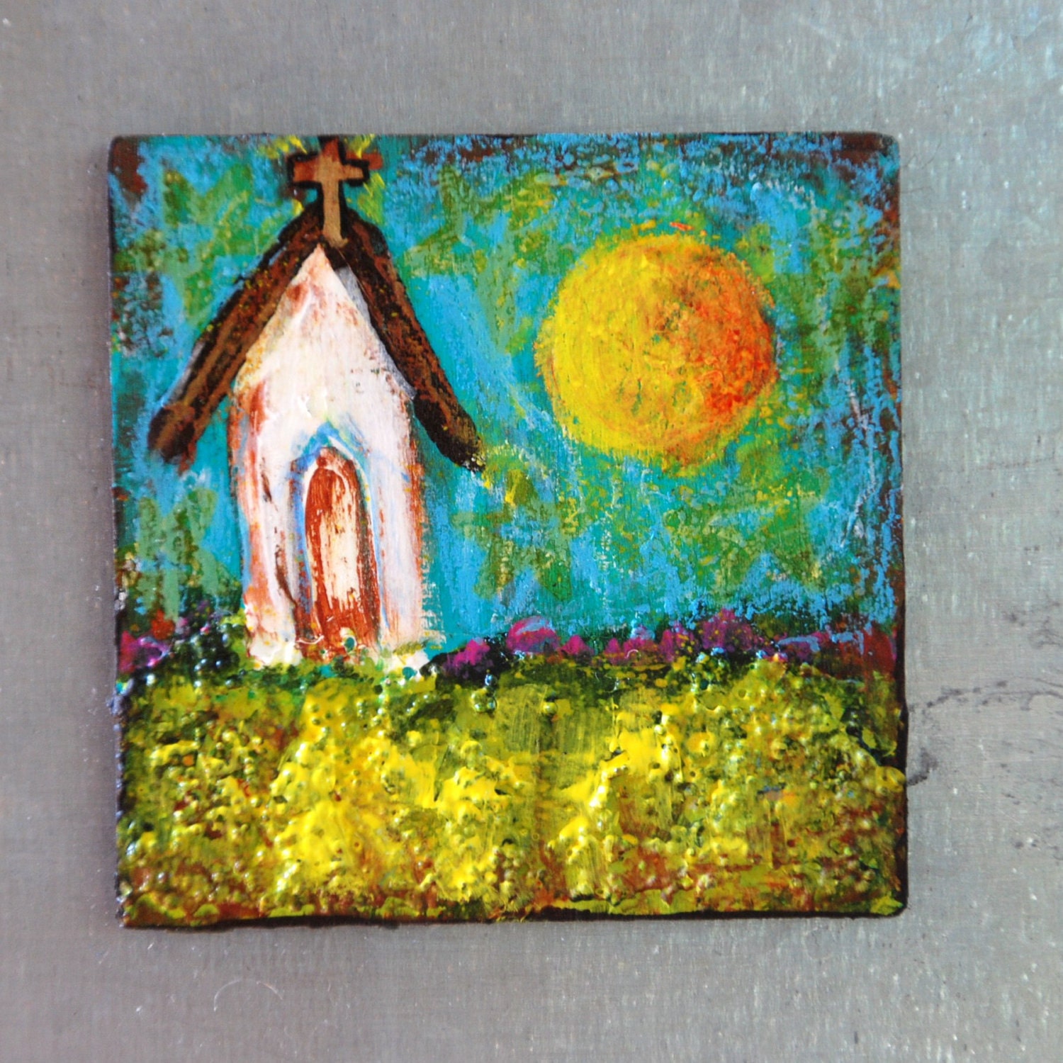 Magnet original painting Folk Art Church