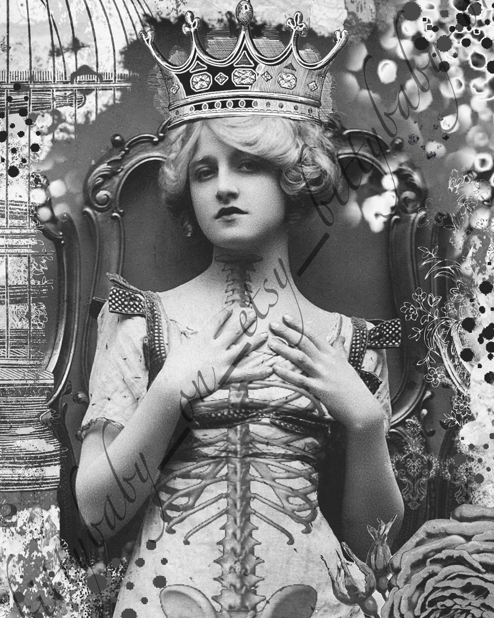 Digital Art Print "It's What's on the Inside That Counts" 8"x10" Black and white/victorian/vintage/unusual/skeleton