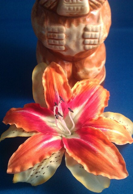 orange, lily,yellow lily, hair flower, hair clip, retro, tiki, tropical hair flower, orange lily, pin up, Easter lily