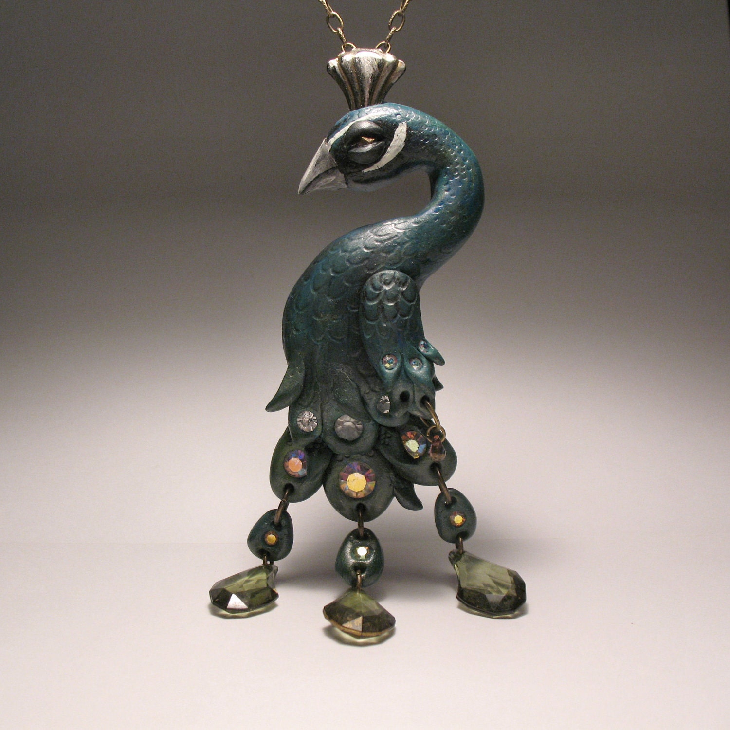 Pretty as a Peacock Necklace - Polymer Clay, Wearable Art