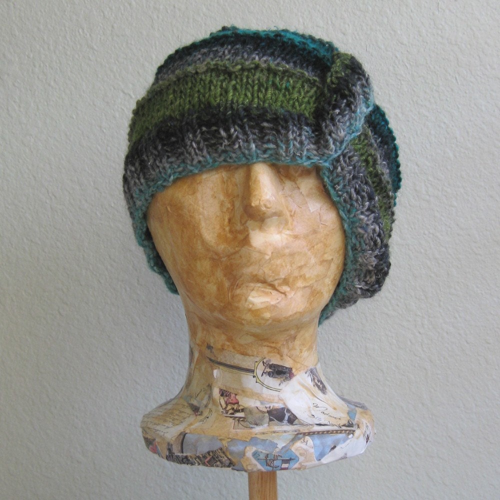 Hat silk turquoise green hand knit