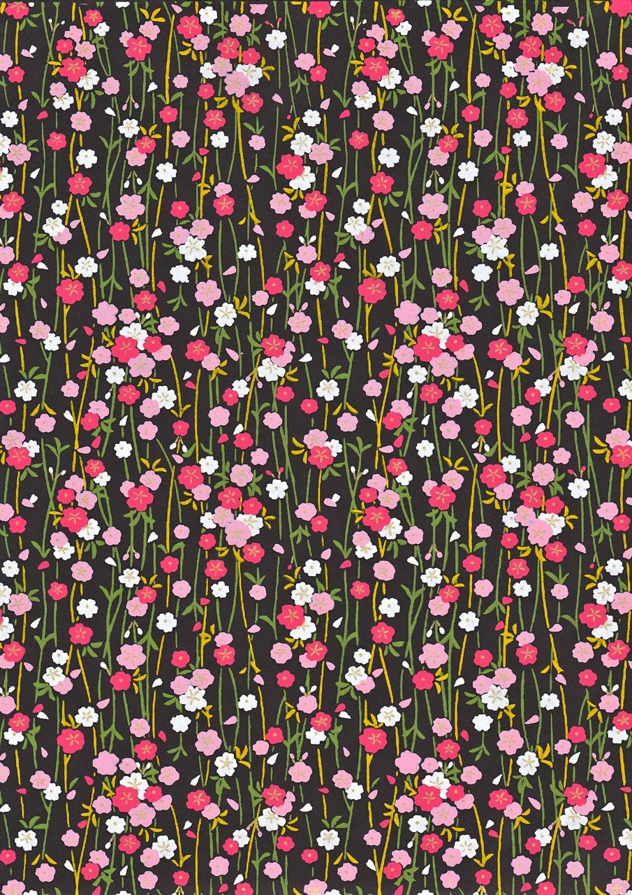 White and Pink Flowers on Black Japanese Yuzen Chiyogami Washi Paper Sheet 23 x 15 cm (9 x 6 inches)