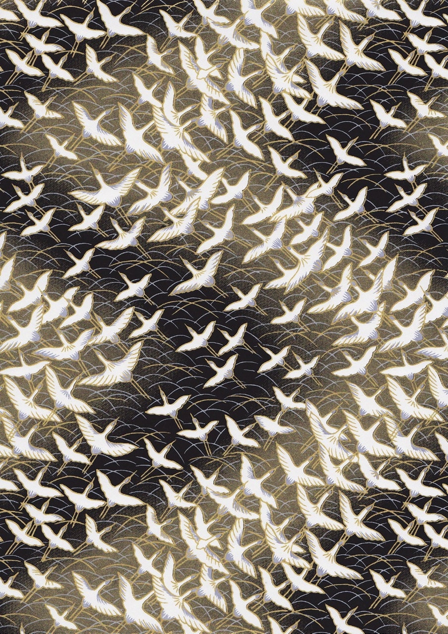 Gold Black Grey Brown Birds Cranes Japanese Yuzen Chiyogami Washi Paper Sheet 23 x 15 cm (9 x 6 inches)