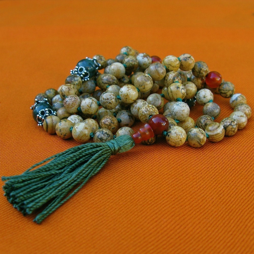 Picture Jasper Hand Knotted Mala Necklace with Moss Agate and Carnelian - Japa Mala Prayer Beads