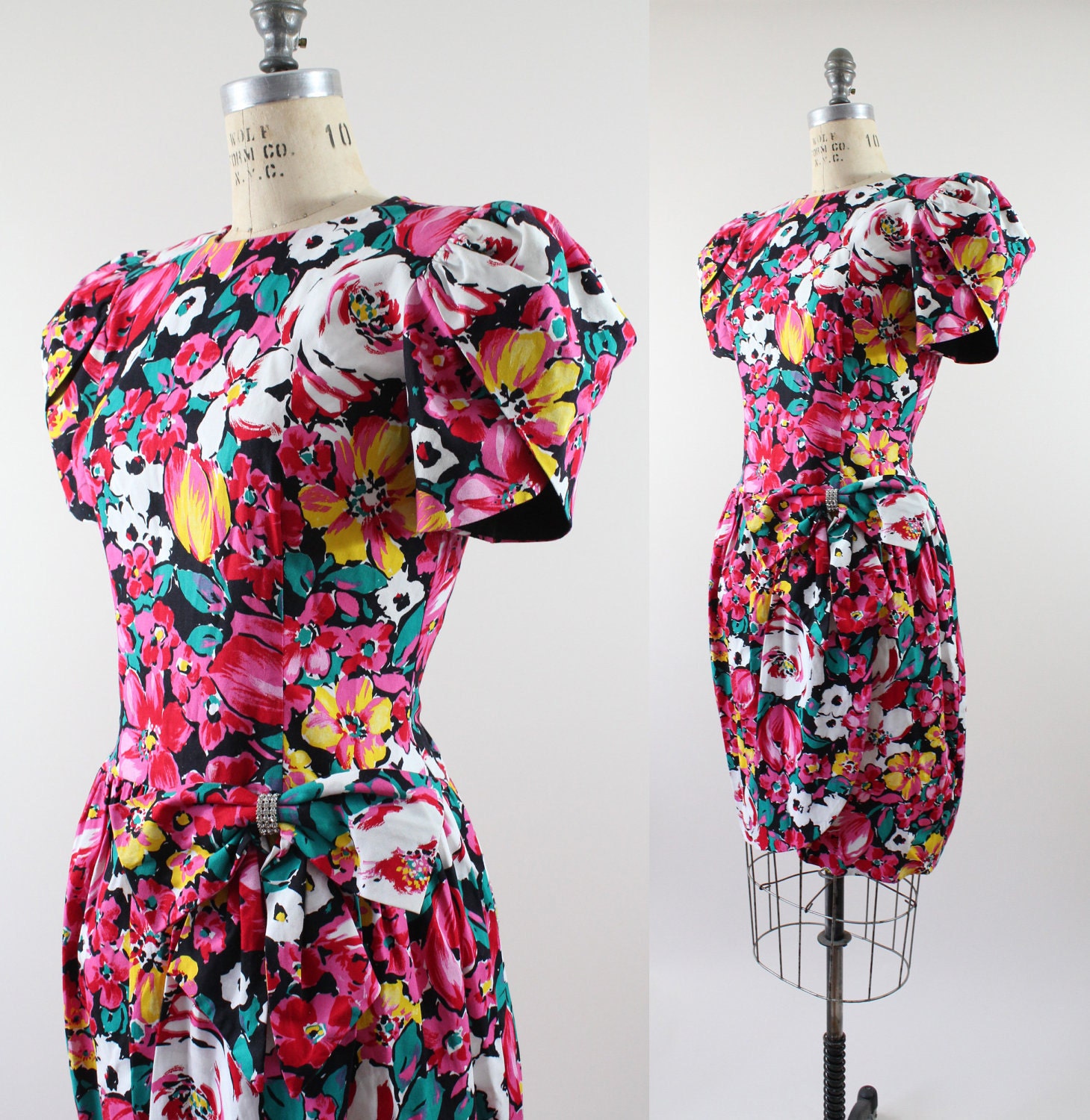 Vintage Leslie Fay Floral Print Party Dress / Vtg Puffy Sleeve Dress / m