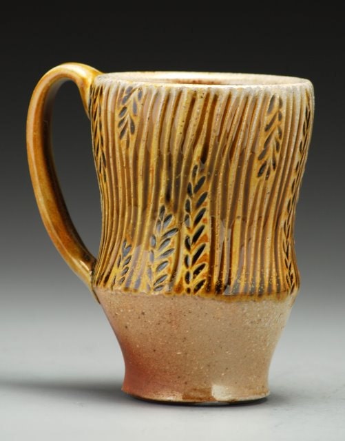 Amber Carved Mug, hand carved stoneware, textures inspired by nature
