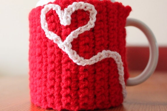 Red Mug Cozy With Embroidered Heart - Free International Shipping